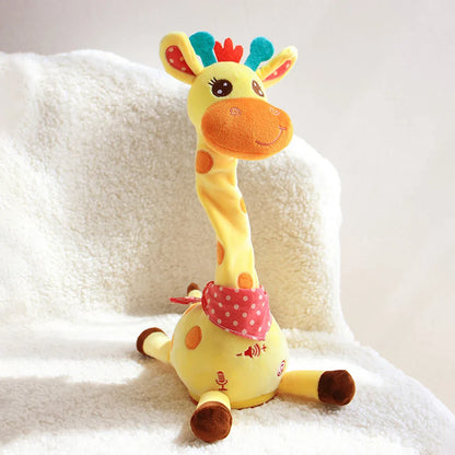 Child playing joyfuly with a dancing and talking giraffe plush, an engaging educational toy