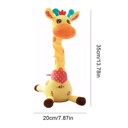 Front view of a dancing giraffe plush toy, ideal baby gift with interactive voice recording