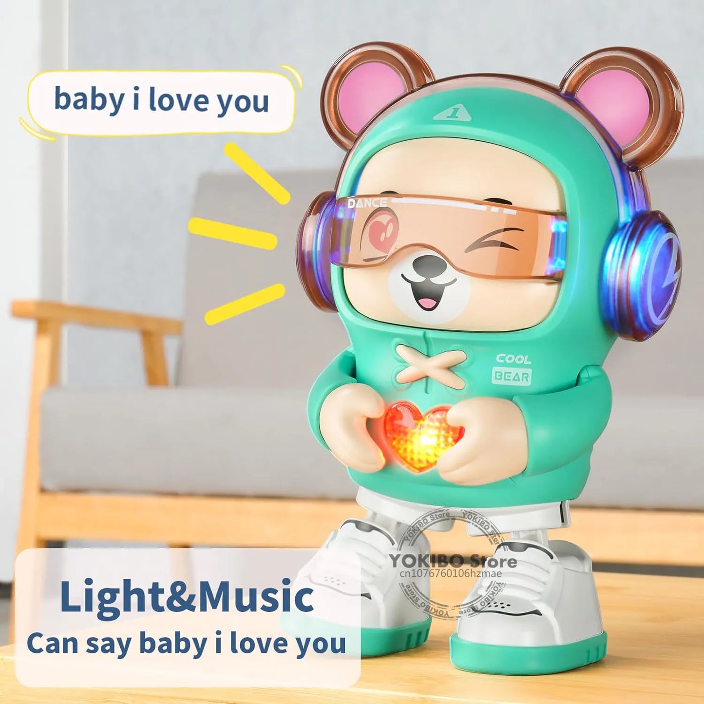 Dancing robot dog action figure toy with lights and sounds, ideal for infant play
