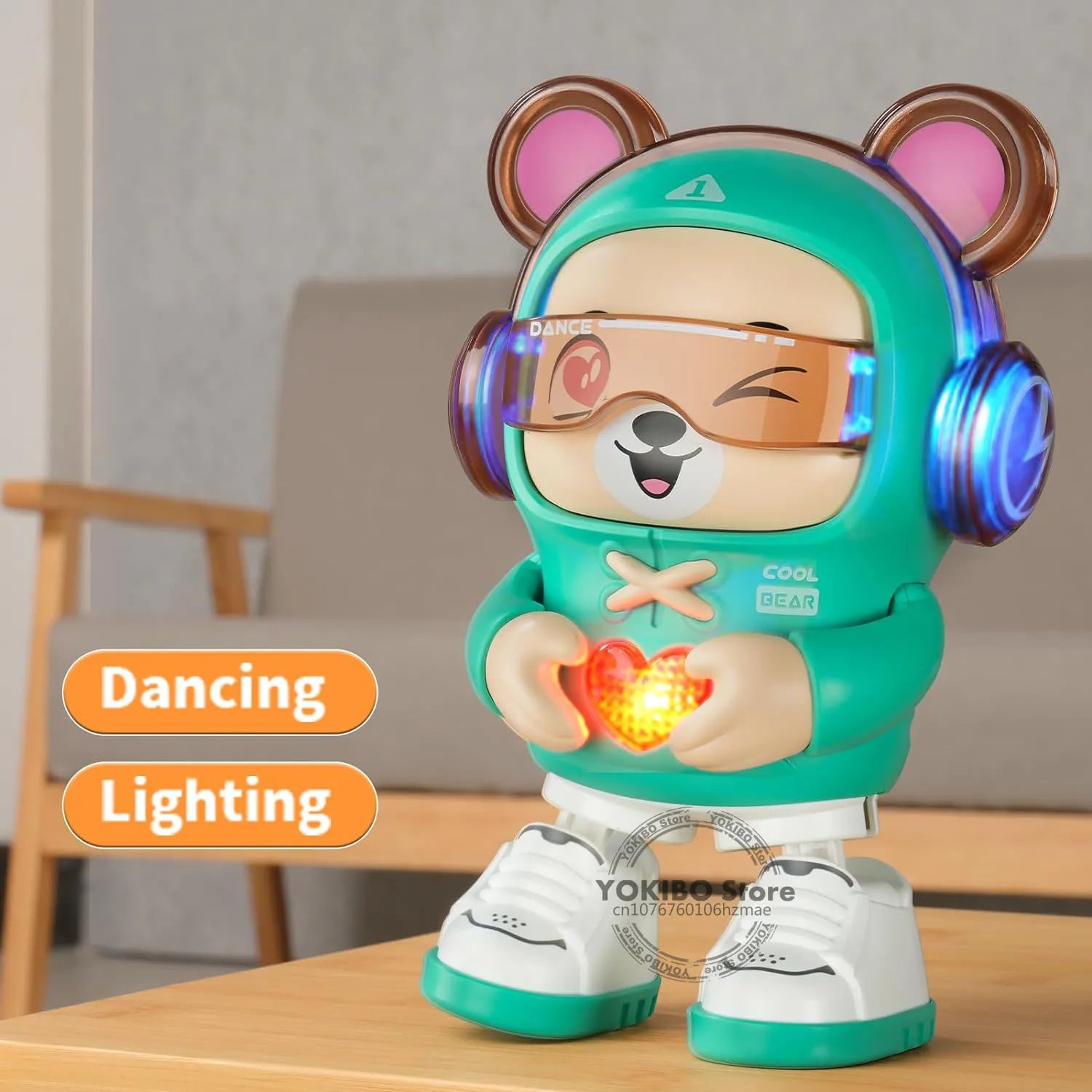 Colorful robot dog toy dancing with a baby, fostering interactive and educational play