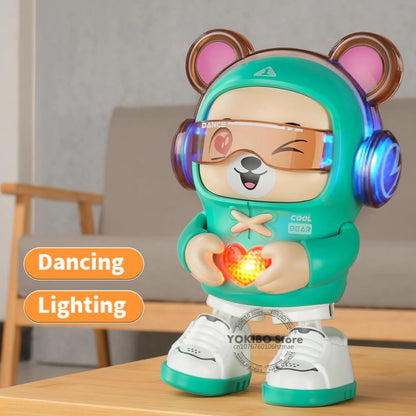Colorful robot dog toy dancing with a baby, fostering interactive and educational play