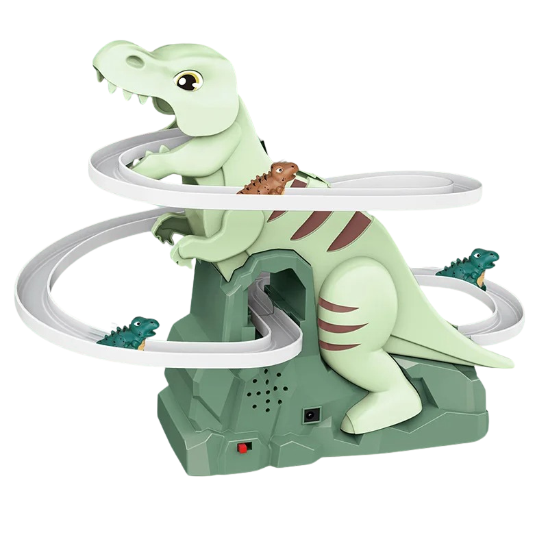 Close-up of a preschooler's hands guiding an interactive dino racer on a creative track toy set