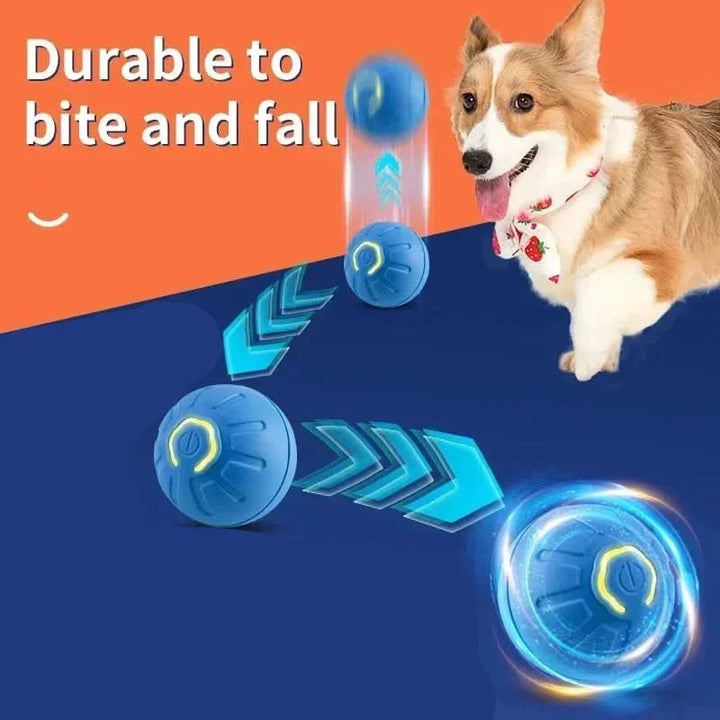 Interactive Dog Bouncing Ball in its packaging, highlighting features of the rechargeable pet toy.