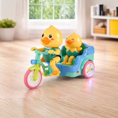 Interactive duck tricycle toy for toddlers with vibrant lights and cheerful music, promoting developmental play