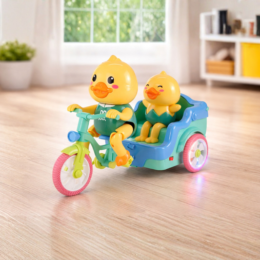 Interactive duck tricycle toy for toddlers with vibrant lights and cheerful music, promoting developmental play