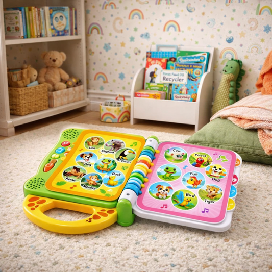 Interactive early learning book for kids ages 2-5, featuring colorful pages and English words for language development