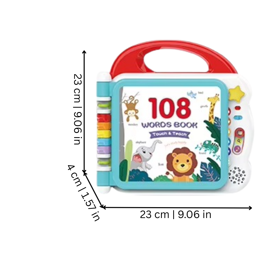 Toddler holding up an educational interactive audio book teaching early English for children with sound