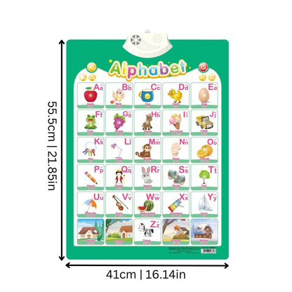 Toddler holding interactive talking poster with colorful alphabet letters and numbers for kids learning