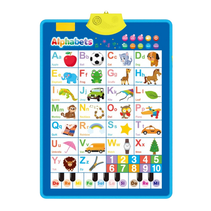 Close-up of interactive talking poster showing buttons for letters, numbers, and songs for kids