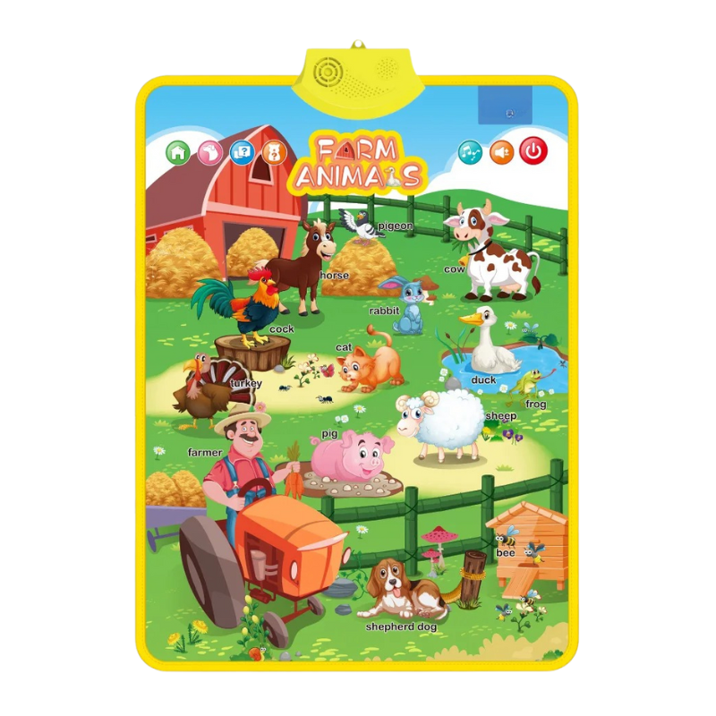 Detailed view of an interactive talking poster displaying animals and objects for kids learning