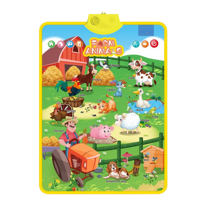 Detailed view of an interactive talking poster displaying animals and objects for kids learning