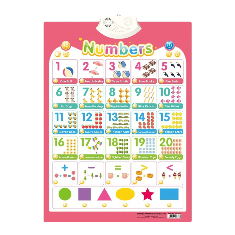 Colorful interactive talking poster for kids with bright illustrations of letters, numbers, and shapes