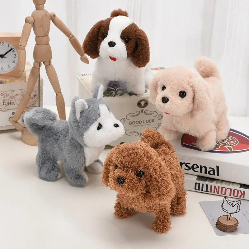 Interactive electronic robot puppy toy, brown and white, for kids learning & development