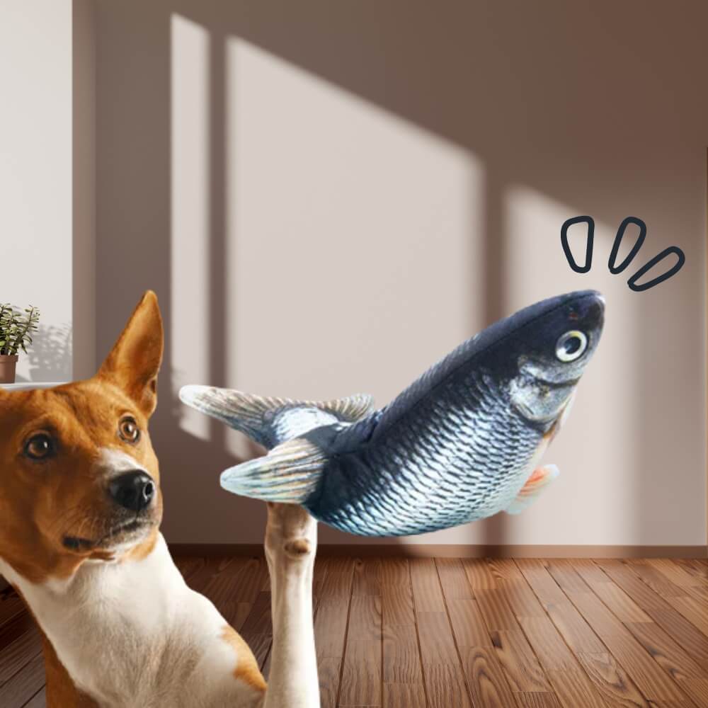 Interactive flopping fish dog toy, USB rechargeable for engaging pet play & mental stimulation.