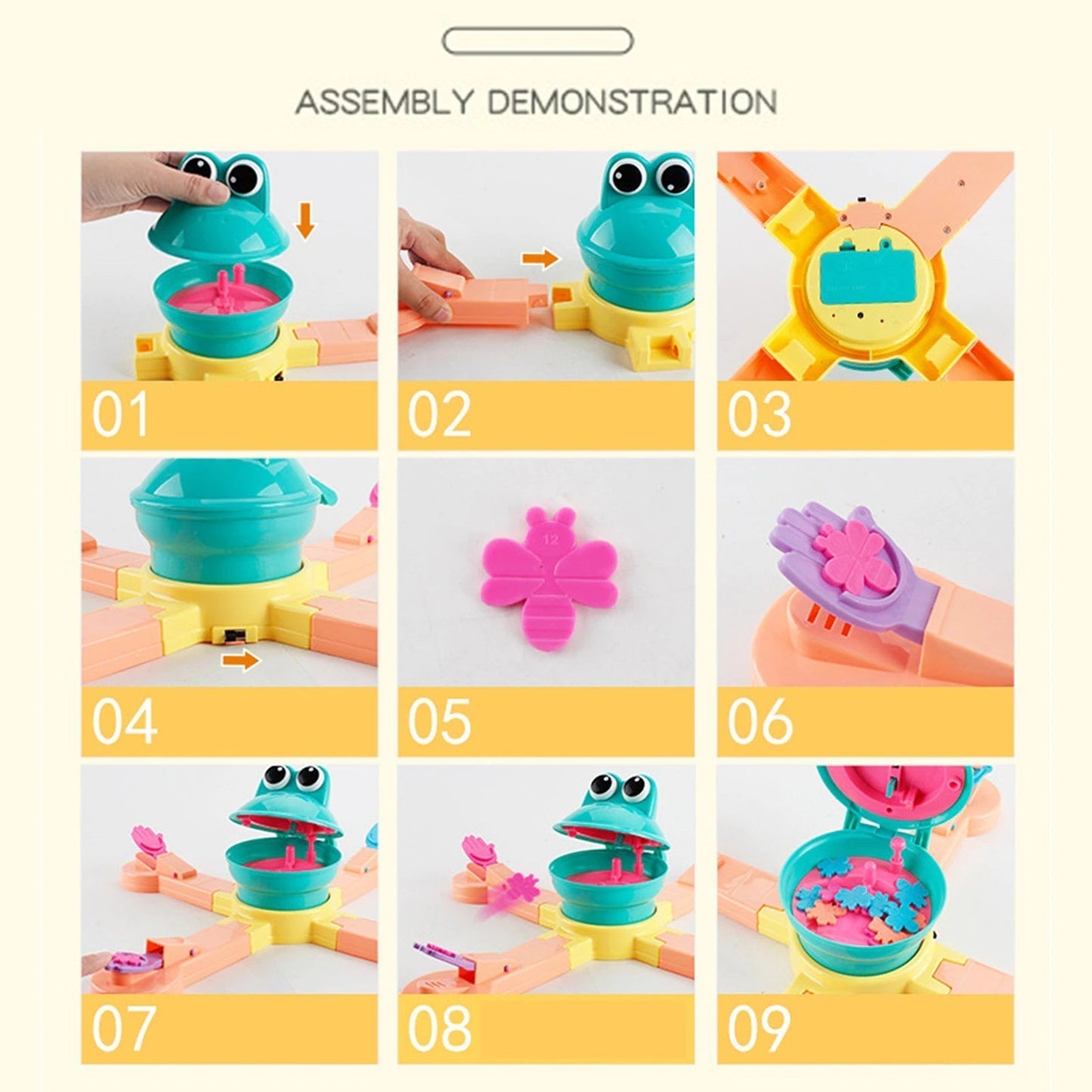 Close-up of colorful frog feeding family game, educational, interactive kids' toy