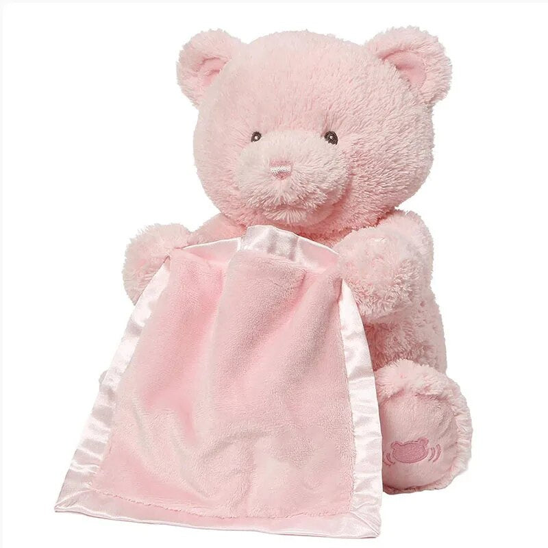 Interactive hide & seek plush bear. Soft stuffed animal toy for kids & toddlers, promoting fun playtime.