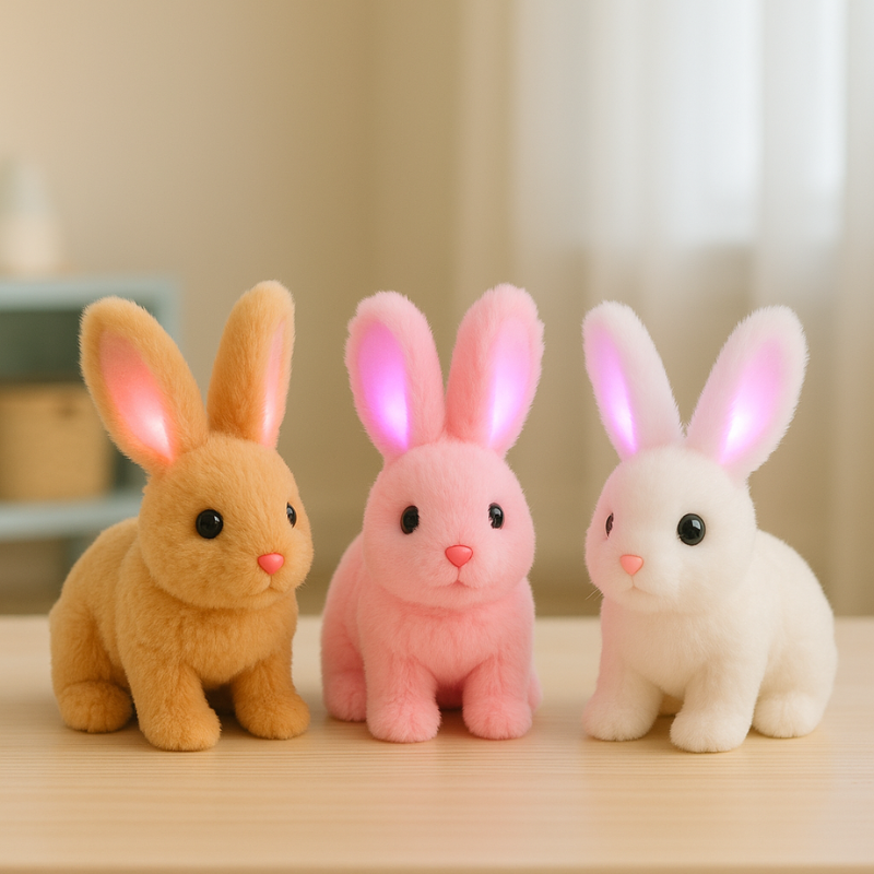 Interactive Hopping Bunny Plush Toy with glowing ears for kids and toddlers, soft and educational.