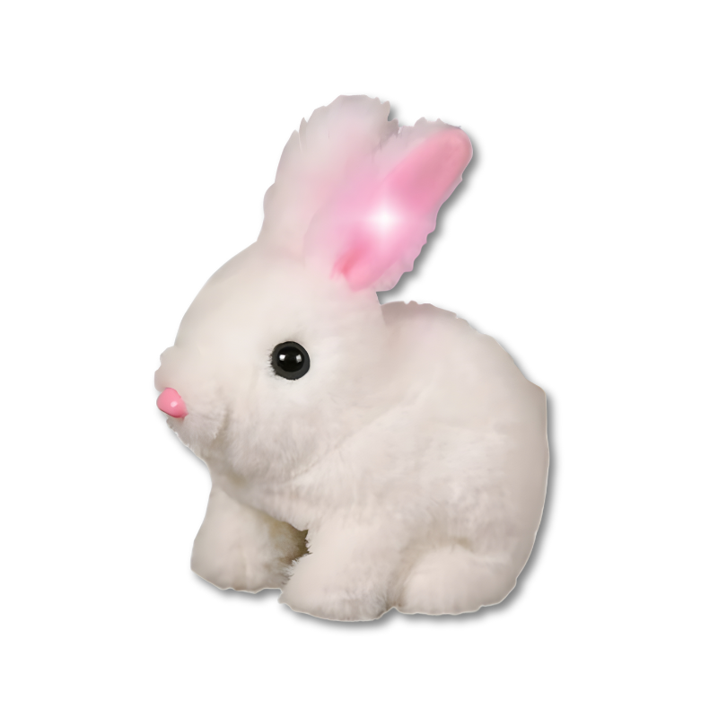 Soft hopping bunny toy for children, featuring interactive movement and illuminating ears, great toddler gift.
