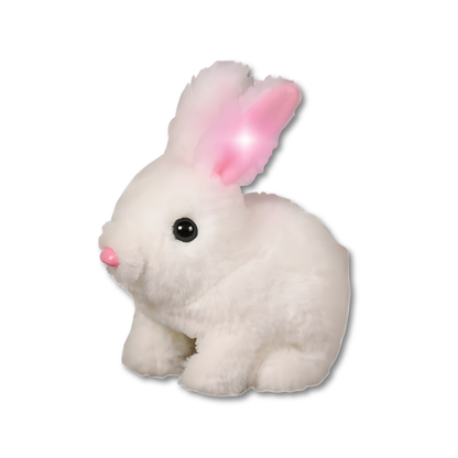 Soft hopping bunny toy for children, featuring interactive movement and illuminating ears, great toddler gift.