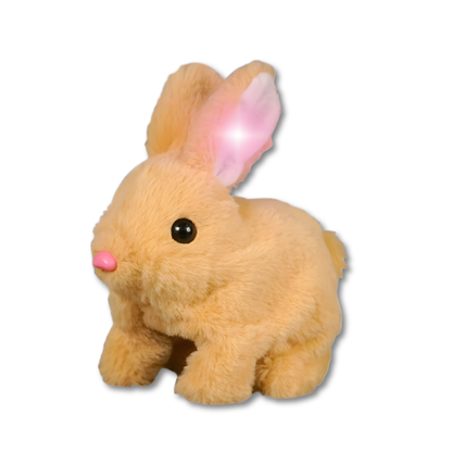 Close-up of a cute interactive hopping bunny plush with embroidered details and bright glowing ears.