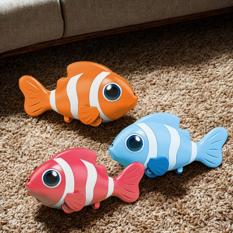 Interactive light-up clownfish toy for toddlers with music, stimulating sensory play and motor skills.