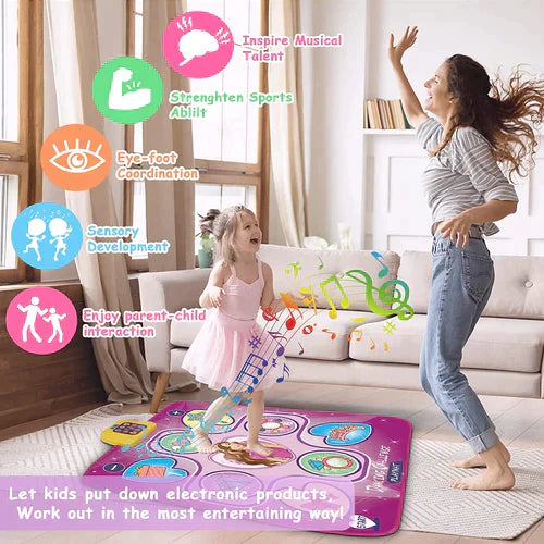 Kids playing on a vibrant interactive dance mat, educational music toy for active family fun