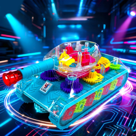Interactive light-up tank toy with music for kids, enhancing motor skills and educational playtime