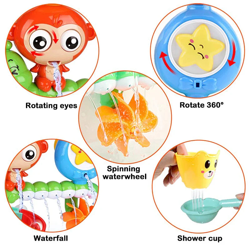 Blue and yellow Monkey Waterfall Bath Toy, designed for fun and interactive waterplay in tubs