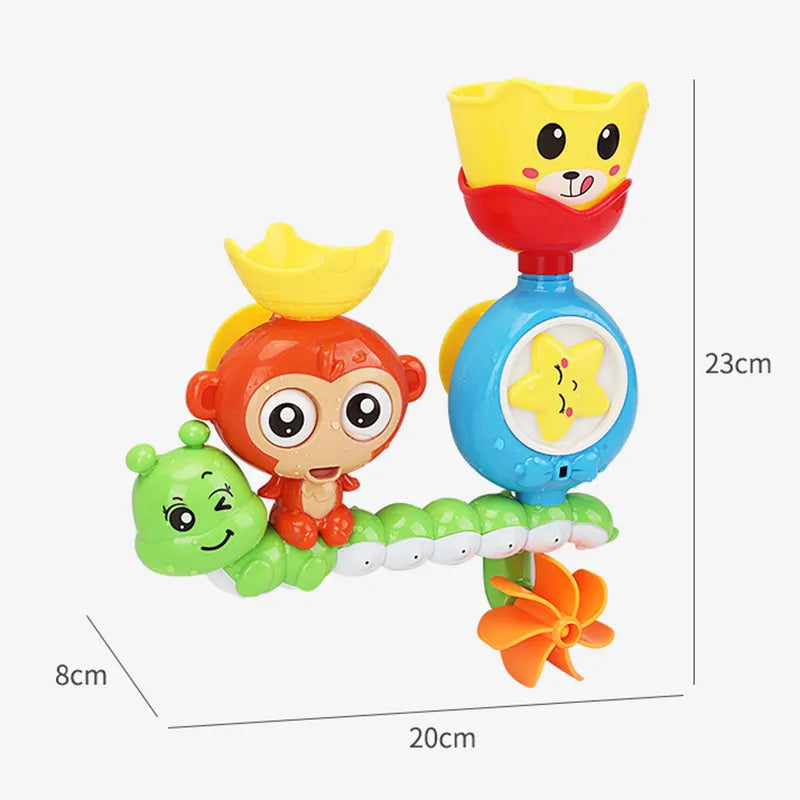 Kids' bath toy, an interactive monkey waterfall with spinning gears and easy-mount suction cups