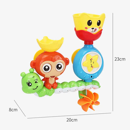 Kids' bath toy, an interactive monkey waterfall with spinning gears and easy-mount suction cups