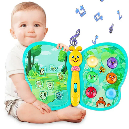 Interactive musical butterfly toy for toddlers, with colorful wings and light-up features for sensory play