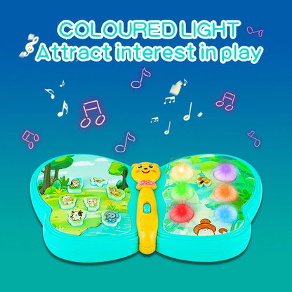 Toddler excitedly pressing buttons on a bright butterfly musical toy, engaging in early learning activities