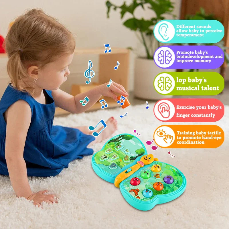 Vibrant butterfly baby toy featuring sound effects and flashing lights, perfect for interactive sensory play