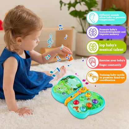 Vibrant butterfly baby toy featuring sound effects and flashing lights, perfect for interactive sensory play