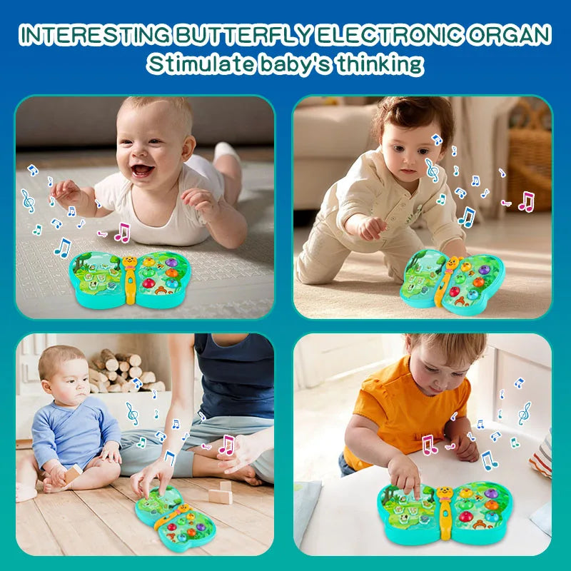 Musical butterfly toy with varied textures and colors, designed for infant and toddler early development