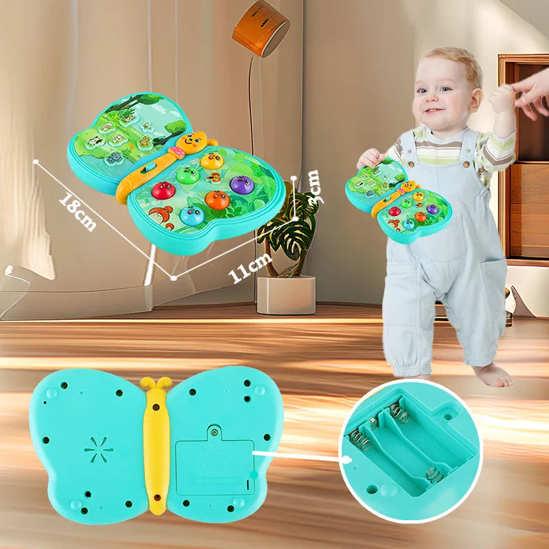 Side view of an interactive butterfly toy showing easy-grip handles, ideal for small hands to explore sounds