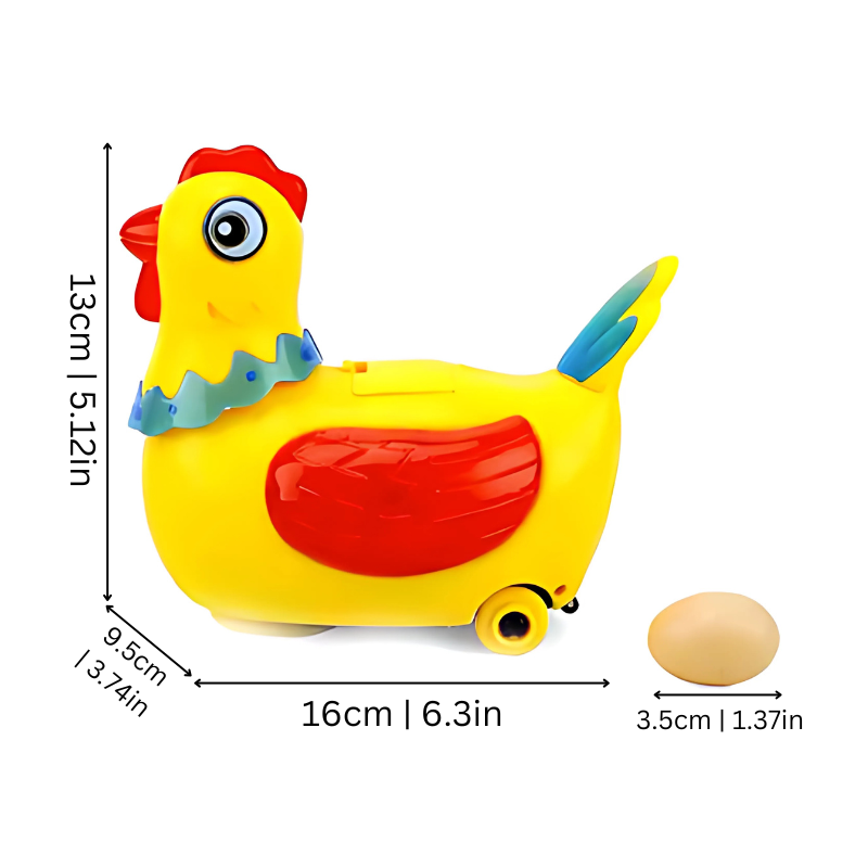 Toddler playing with an educational musical chicken toy, bright colors, promoting interactive children's entertainment