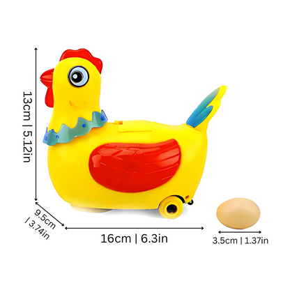 Toddler playing with an educational musical chicken toy, bright colors, promoting interactive children's entertainment