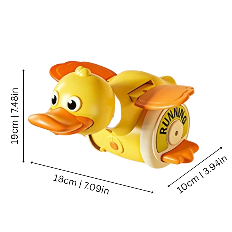 Toddler playing with a bright yellow Musical Crawling Duck Toy, encouraging infant motor skills & crawling