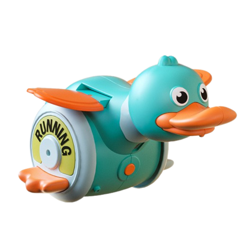 Happy baby reaching for a preschool-friendly, musical, yellow duck toy that crawls across the floor
