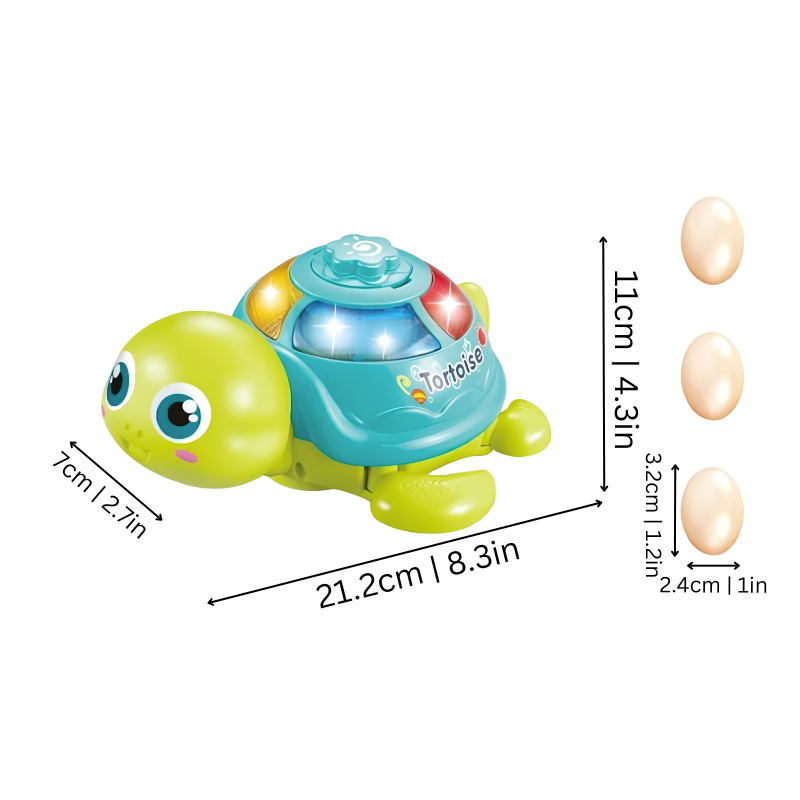 Purple and green musical crawling turtle toy with lights, sounds, promoting early learning and gross motor skills