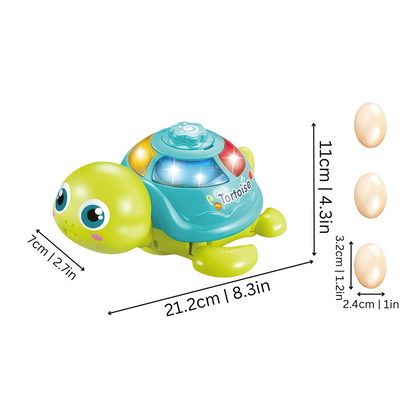 Purple and green musical crawling turtle toy with lights, sounds, promoting early learning and gross motor skills