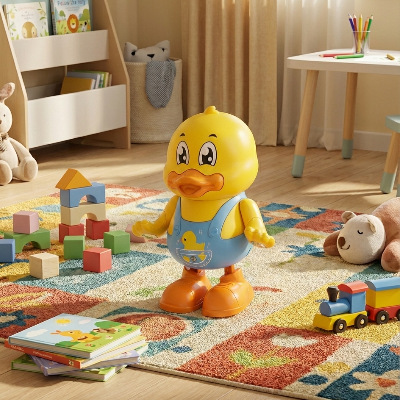 Interactive musical dancing duck toy with lights for toddlers, engaging kids in educational play.