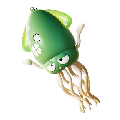 Close-up of a smiling kid interacting with a musical octopus toy, bright lights