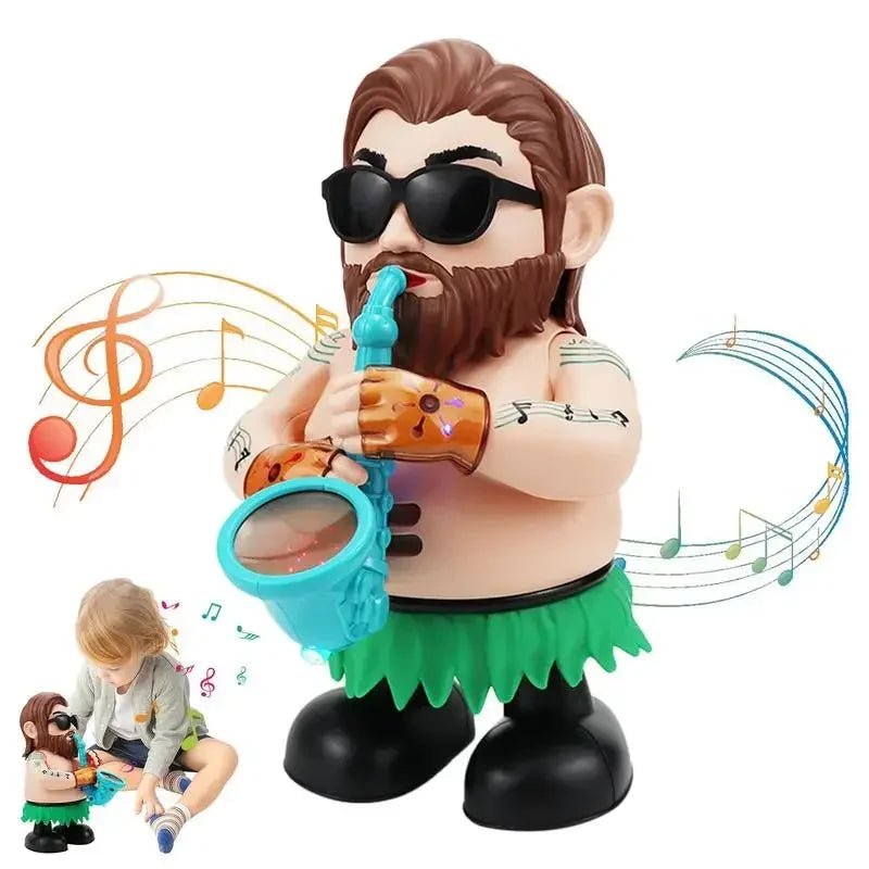 Close-up of animated dancing saxophone toy, a fun and interactive musical doll for kids