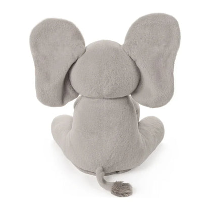 Soft gray elephant toy, plush and musical, for babies and toddlers, interactive play.