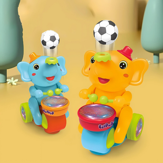 Interactive musical elephant toy with colorful lights for toddlers, engaging kids in active play.
