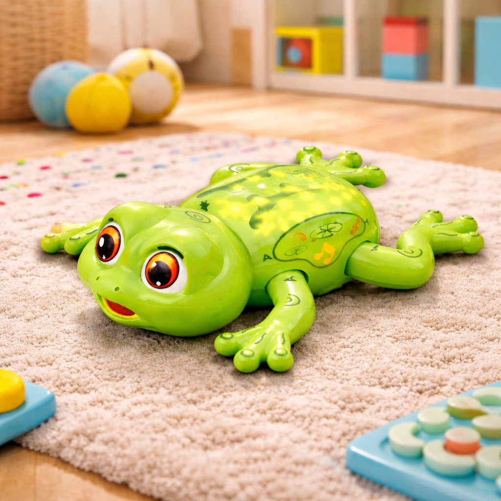 Interactive musical frog toy for kids with colorful buttons and lights, promoting early learning