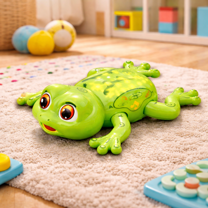 Interactive musical frog toy for kids with colorful buttons and lights, promoting early learning