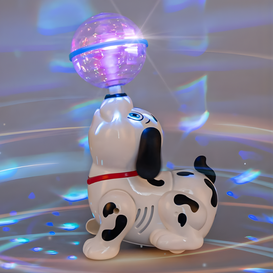 Interactive musical light-up puppy toy for toddlers, spinning, with colorful buttons and engaging features.